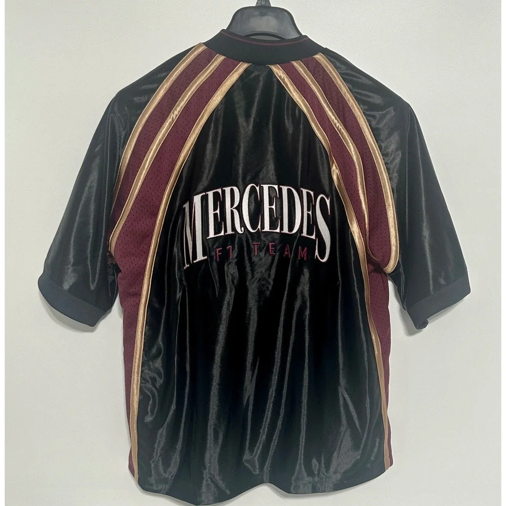 Adidas Mercedes F1 Team Mens Medium Black Satin Full Zip Short Sleeve Jacket New